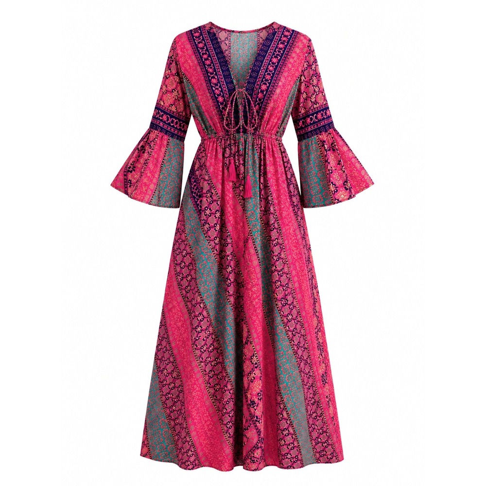 India Boutique Maxi Dress Womens Large Pink Good Boho Patchwork Bell Sleeve L